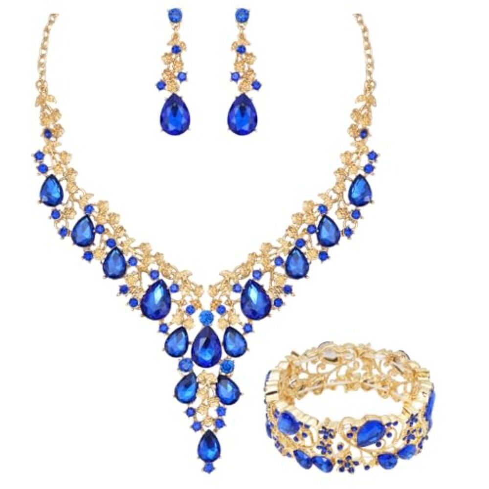 Elegant Crystal Jewelry Set Flower Bridal Necklace Earrings Bangle Wedding - Picture 2 of 8